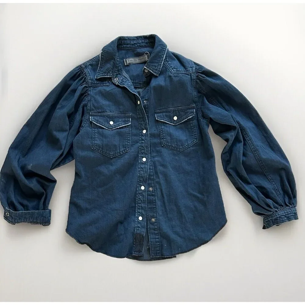 Free People With Love Snap Denim Western Shirt‎ Size XS Dark Cowgirl Puff sleeve